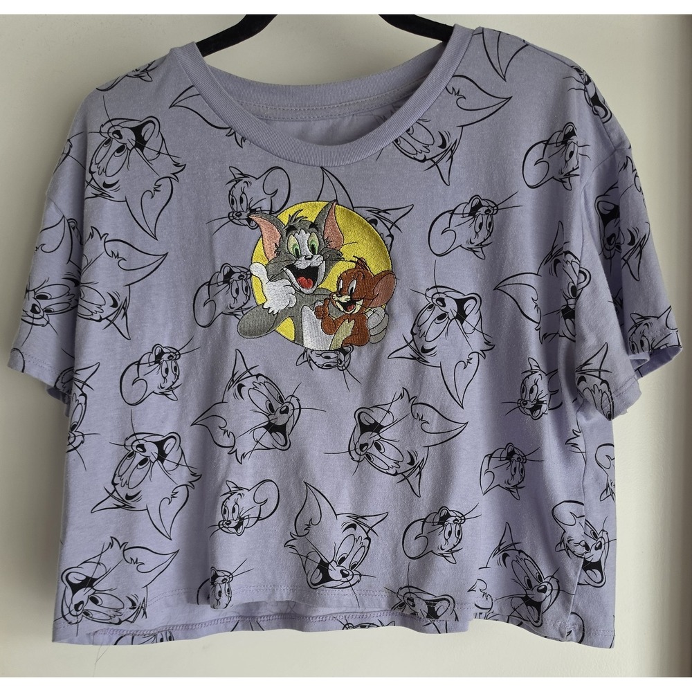 Tom and Jerry XL Purple Graphic Short Sleeve Cropped T-Shirt Cotton Blend